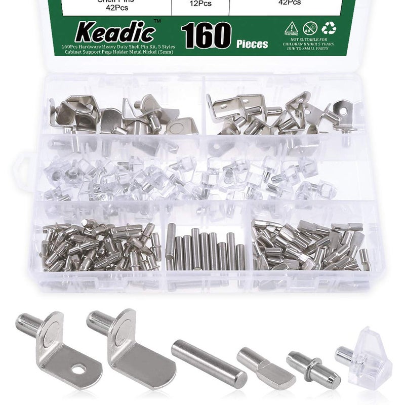 Keadic 160Pcs Nickel Plated Shelf Pegs Shelves Pins Kit, 5 Styles Hardware Heavy Duty Shelf Pin Cabinet Furniture Shelf Pins Support Bracket Pegs Cabinet Support Shelf Pins for Furniture (5mm & 6mm) - Image 1
